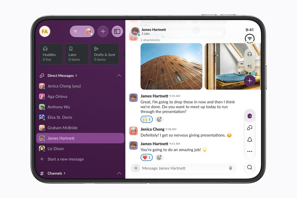 iPhone Duo dùng ứng dụng Slack trên màn hình lớn cho nhu cầu làm việc